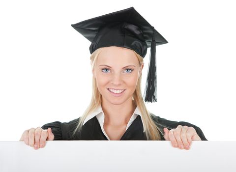 Female graduate student presenting empty board. Isolated on white