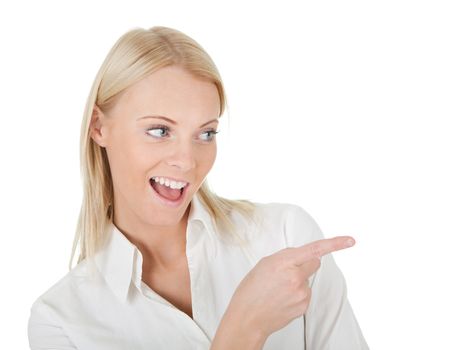 Portrait of beautiful successful businesswoman pointing to the right. Isolated on white