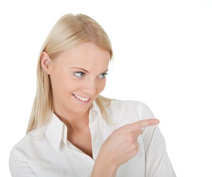Portrait of beautiful successful businesswoman pointing to the right. Isolated on white