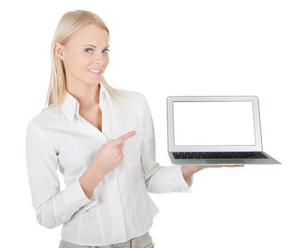 Business woman presenting laptop. Isolated on white
