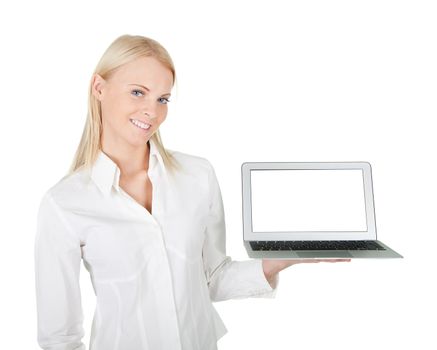 Business woman presenting laptop. Isolated on white