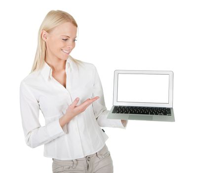 Business woman presenting laptop. Isolated on white