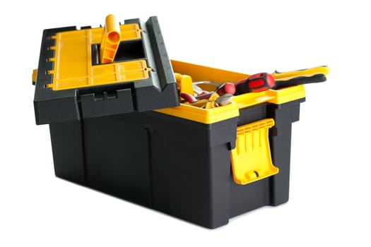 Image of open tool box with tools on white background