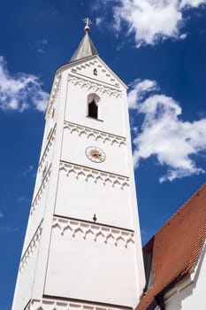 Steeple of church St. Leonhard, a typical church in the Bavarian town F��rstenfeldbruck