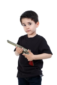 Male child playing with a gun on white background