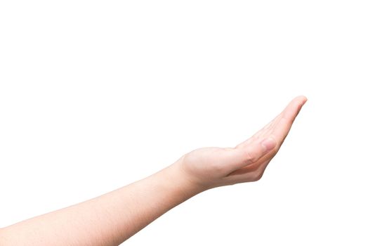 Human hand with open palm ready to recieve on light gray background