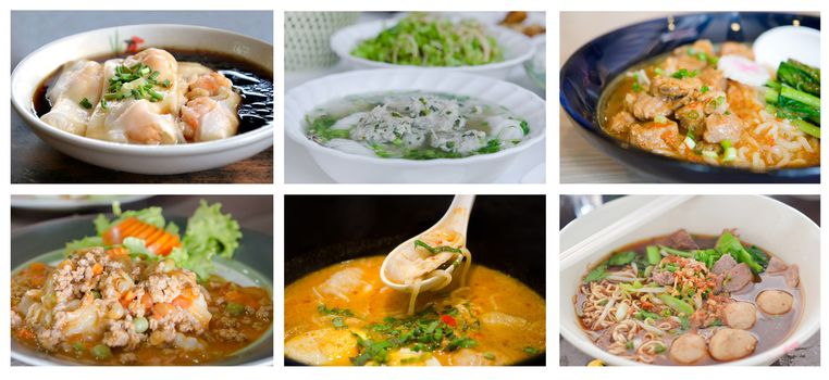 Collage from photographs of asian noodles with  different soup