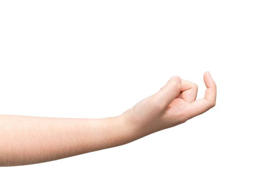 Human hand with curl index finger on light gray background