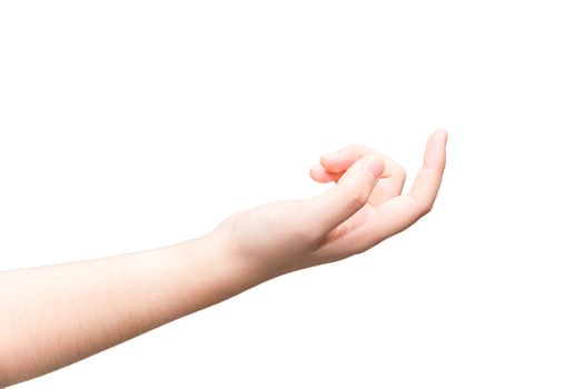 Human hand with curl index finger on light gray background