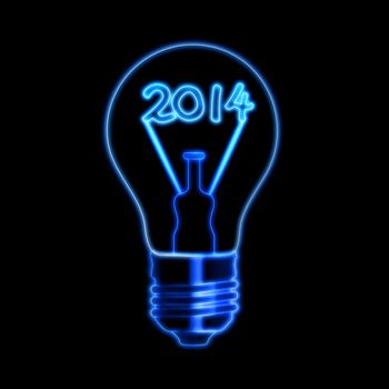new year 2014 in bulb with glowing filament ciphers over black background