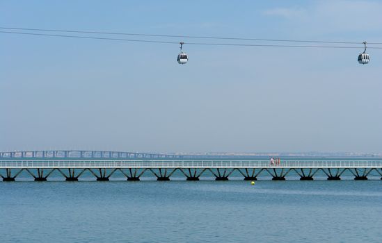 Cable car, Bridge Vasco da Gama and footbridge in Lisbon (Nations park)