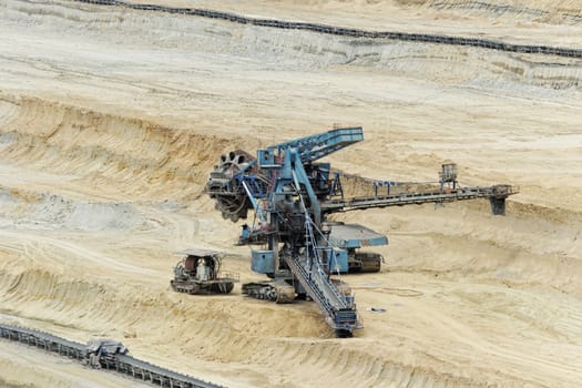 Coal mining in an open pit with huge industrial machine