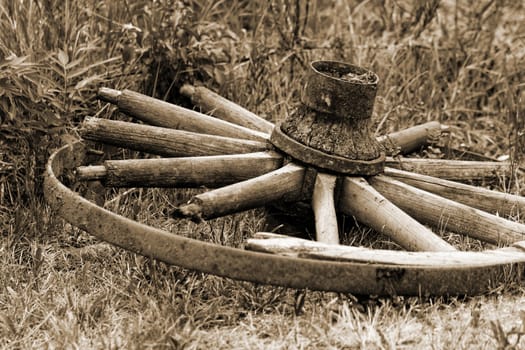 old broken wagon wheel in the field (chariot wheel) sephia