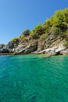 rocky beach with turquoise sea in greece thassos island