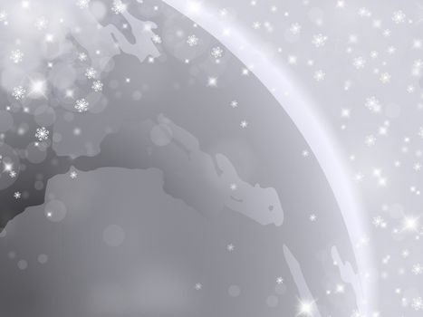 Silver background with earth, snowflakes, bubbles and stars