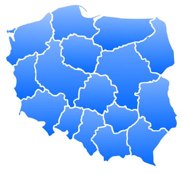 Map of Poland in a blue color isolated on a white background with 16 voivodeships