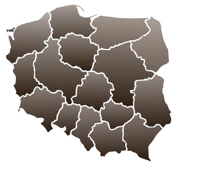 Map of Poland in a brown color isolated on a white background with 16 voivodeships