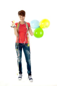 a birthday girl on her 18th birthday, holding a cake with a candle on a white background