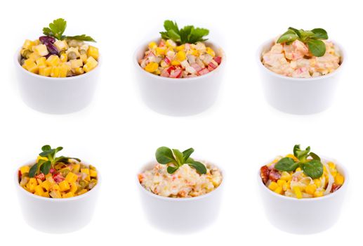 Six salads isolated on white background