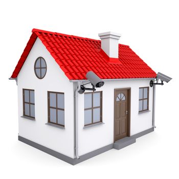 A small house with security cameras. Isolated render on a white background