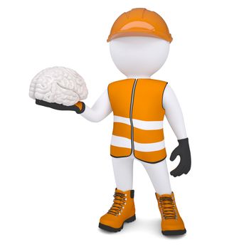 3d white man in overalls holding a brain. Isolated render on a white background