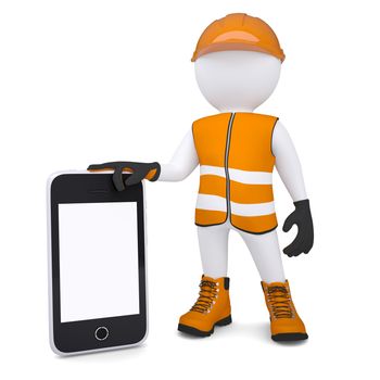 3d white man in overalls holding a smartphone. Isolated render on a white background