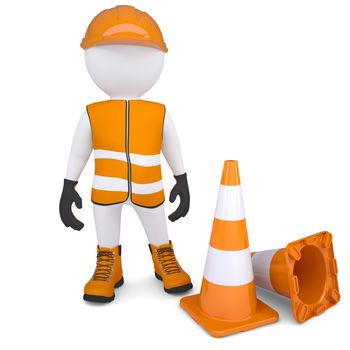3d man in overalls beside traffic cones. Isolated render on a white background