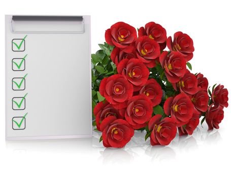 Group of red roses and checklist. Isolated render on a white background