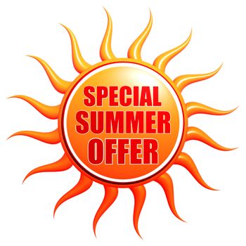 special summer offer banner - text in 3d red orange yellow label with sun shape, business concept