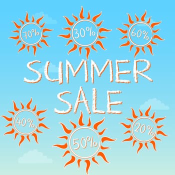summer sale with different percentages in suns - text and signs on blue label with clouds, business concept