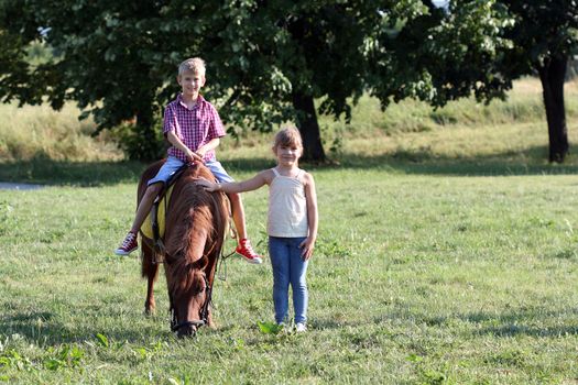 boy and little girl with pony horse pet 