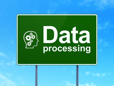 Data concept: Data Processing and Head With Gears icon on green road (highway) sign, clear blue sky background, 3d render