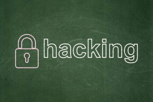 Safety concept: Closed Padlock icon and text Hacking on Green chalkboard background, 3d render