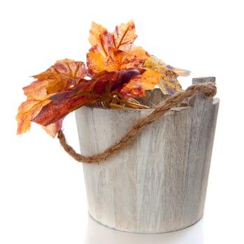 a wooden bucket full of autumn leaves on a white background