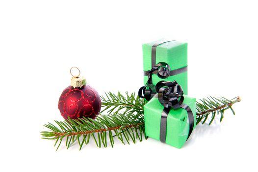 Christmas presents in green on a white background