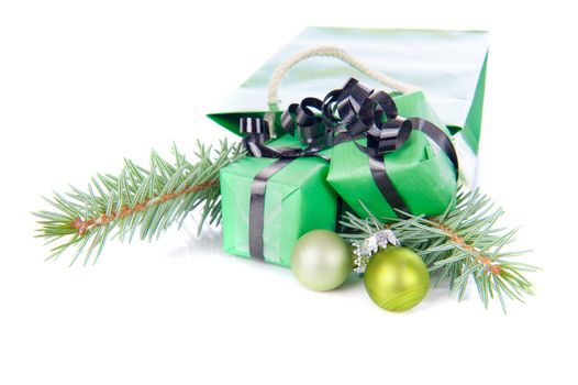 Christmas presents in green on a white background