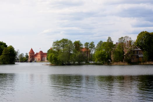 A landscape with lake and Trakaj castle in Lithuania
