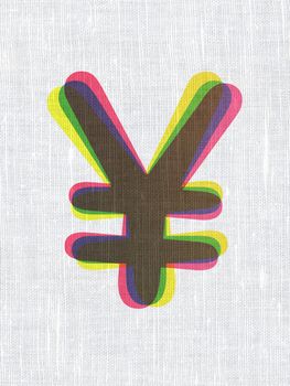 Currency concept: CMYK Yen on linen fabric texture background, 3d render