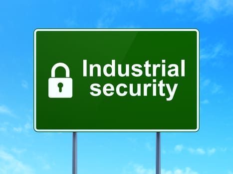 Safety concept: Industrial Security and Closed Padlock icon on green road (highway) sign, clear blue sky background, 3d render