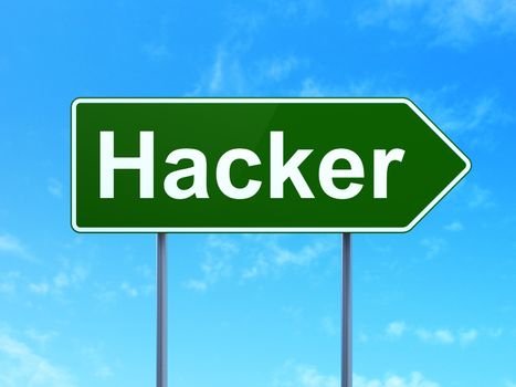 Safety concept: Hacker on green road (highway) sign, clear blue sky background, 3d render