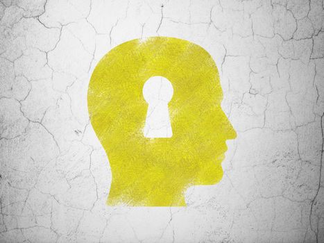 Data concept: Yellow Head With Keyhole on textured concrete wall background, 3d render