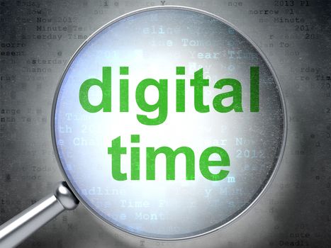 Timeline concept: magnifying optical glass with words Digital Time on digital background, 3d render