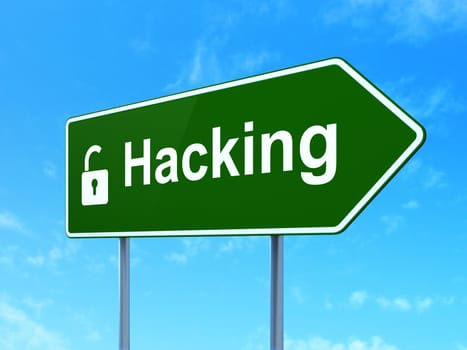 Protection concept: Hacking and Opened Padlock icon on green road (highway) sign, clear blue sky background, 3d render