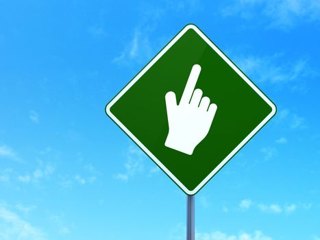 Web design concept: Mouse Cursor on green road (highway) sign, clear blue sky background, 3d render