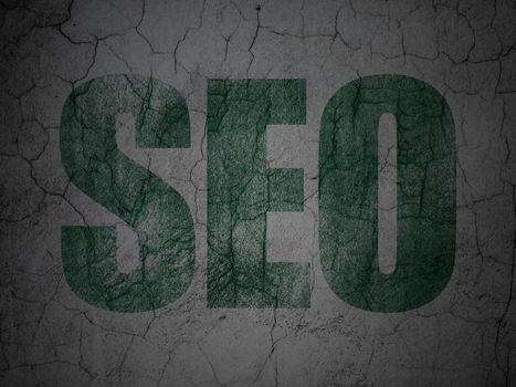 Web development concept: Green SEO on grunge textured concrete wall background, 3d render