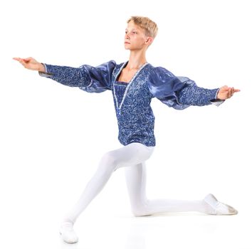 Beautiful young male ballet dancer standing in pose on a white background