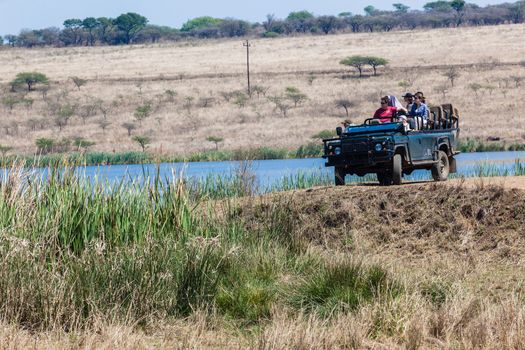 Game Ranger with tourism customers in wildlife game park reserve in open 4x4 vehicle.