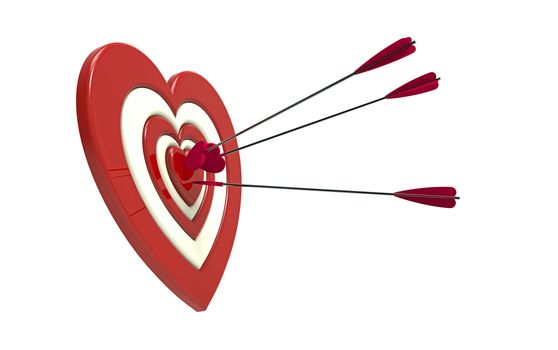 Heart shaped target and arrow, 3D render, on the white background
