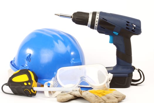 Safety gear kit close up on white background