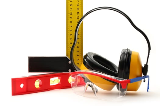 Angle ruler, balance level, goggles and earphones